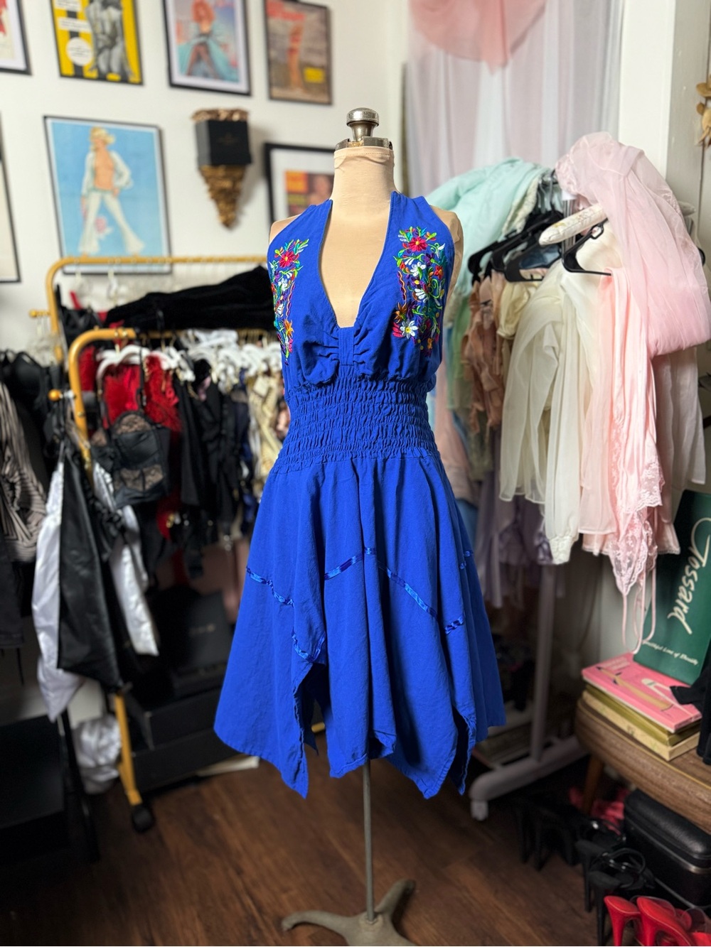 Handmade Folk Mexican Made Artisanal Blue Embroidered Halter Dress
